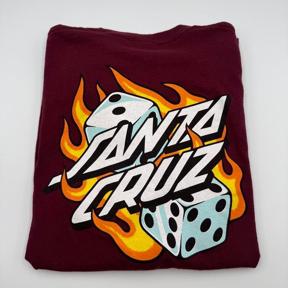 Santa Cruz long sleeve maroon shirt with dice and flames graphic Size Small